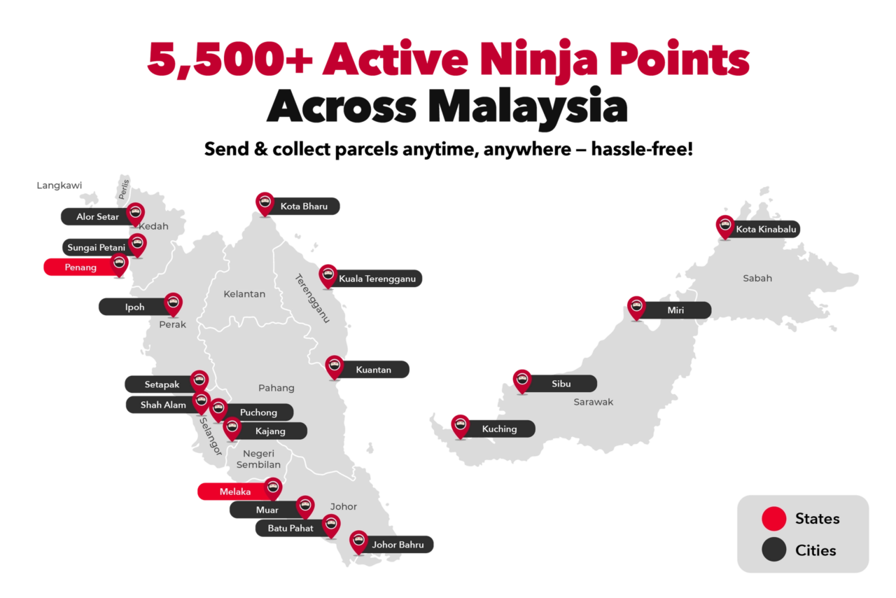 ninja van with Nationwide Distribution Capabilities, owing to its 5,500+ active ninja points across peninsular malaysia and sabah & sarawak with delivery routes across majority destinations and postcodes.
