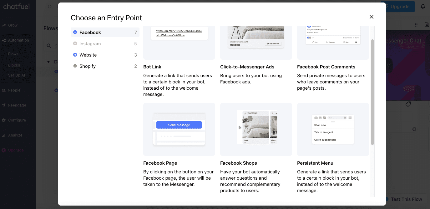 Chatfuel chatbot entry point